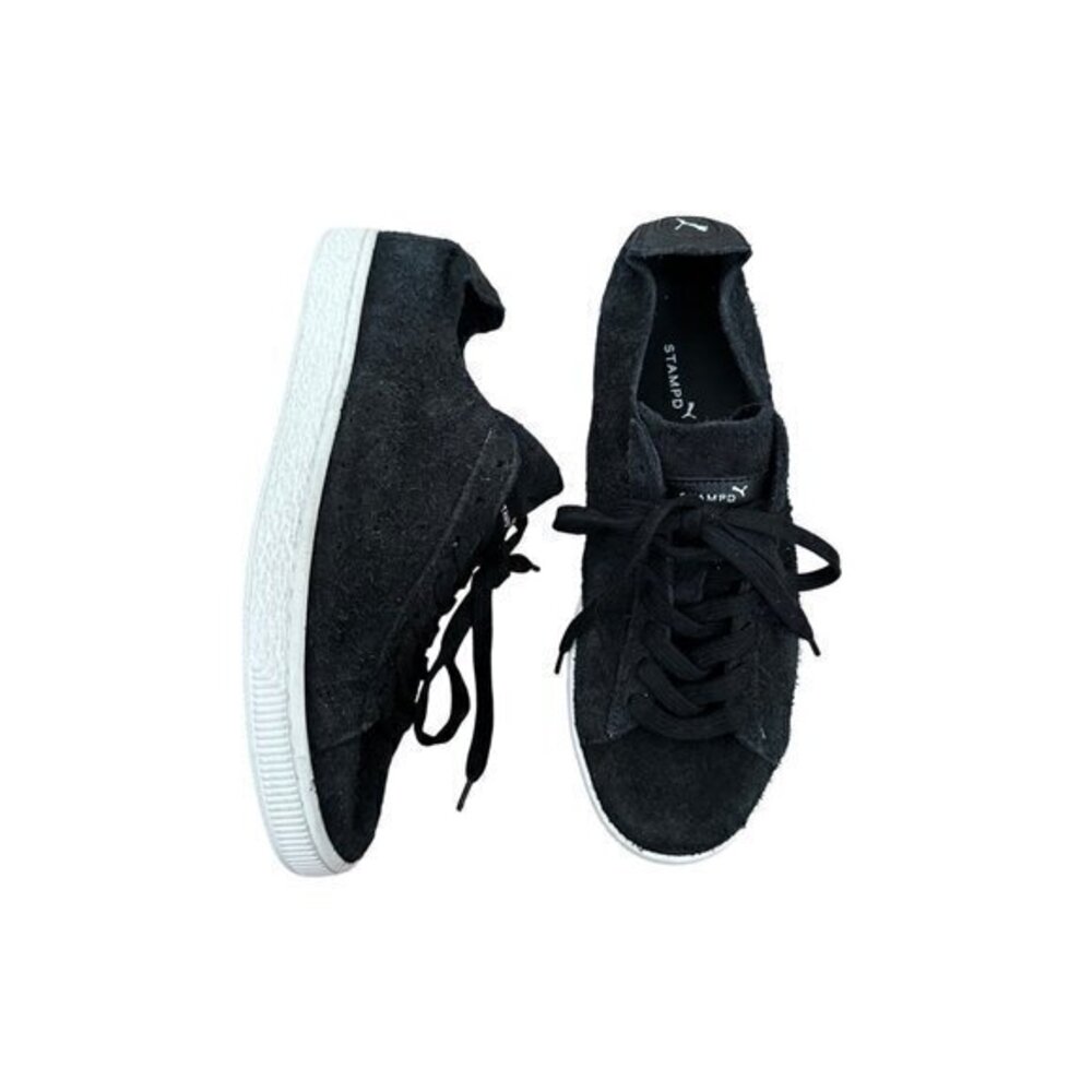 Puma Stampd Black Suede Sneakers Mens Size 8.5 Lace-Up Casual Shoes With White R